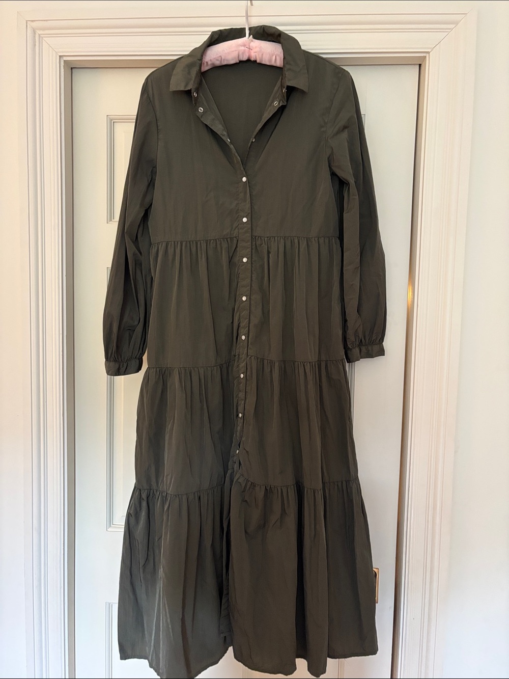 Zara Olive Green Tiered Button-Front Midi Dress